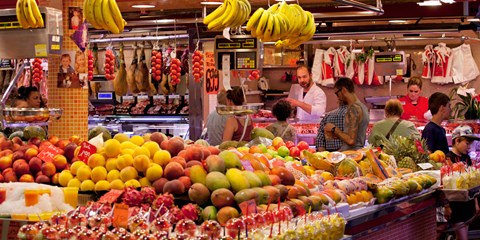 Framed Fruits at market stalls, La Boqueria Market, Ciutat Vella, Barcelona, Catalonia, Spain Print
