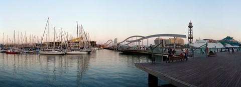 Framed Boats at a harbor, Port Vell, Barcelona, Catalonia, Spain Print