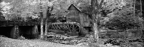 Framed Black &amp; White View of Glade Creek Grist Mill, Babcock State Park, West Virginia, USA Print