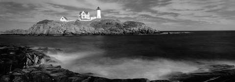 Framed Nubble Lighthouse in black and white, Cape Neddick, Maine Print