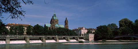 Framed Church at the riverside, St. Luke Church, Isar, Munich, Bavaria, Germany Print