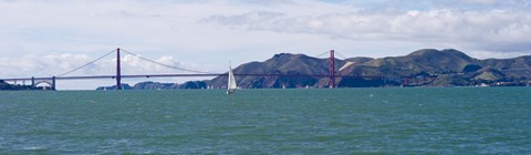 Framed Suspension bridge with a mountain range in the background, Golden Gate Bridge, Marin Headlands, San Francisco, California, USA Print