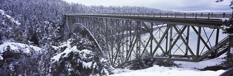 Framed Bridge leading to a forest, Deception Pass Bridge, Deception Pass State Park, Washington State, USA Print