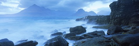 Framed Black Cuillin and waves at coast, Elgol, Isle of Skye, Inner Hebrides, Highlands Region, Scotland Print