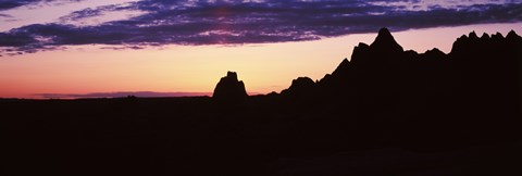Framed Silhouette of mountains at dusk, Badlands National Park, South Dakota, USA Print