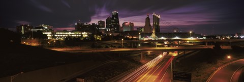 Framed Skyscrapers lit up at night in a city, Kansas City, Jackson County, Missouri, USA 2012 Print