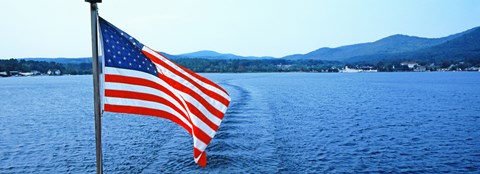 Framed Flag and view from the Minne Ha Ha Steamboat, Lake George, New York State, USA Print