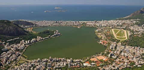 Framed Elevated view of Lagoa Rodrigo de Freitas and Ipanema from Corcovado, Rio De Janeiro, Brazil Print