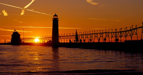 Framed Grand Haven Lighthouse at sunset, Grand Haven, Michigan, USA Print