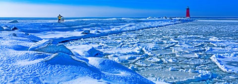 Framed Manistique Lighthouse in winter, Upper Peninsula, Michigan, USA Print
