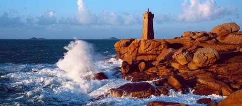 Framed Waves crashing at Ploumanac'h Lighthouse, Pink Granite Coast, Perros-Guirec, Cotes-d'Armor, Brittany, France Print