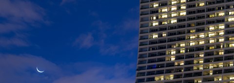 Framed Low angle view of the Marina Bay Sands Shopping Centre with crescent moon, Marina Bay, Singapore Print