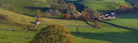 Framed High angle view of a village in valley, Dove Dale, White Peak, Peak District National Park, Derbyshire, England Print