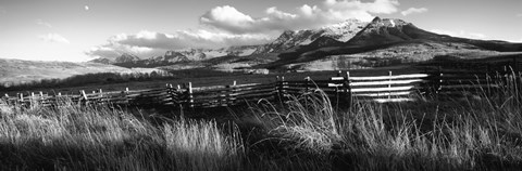 Framed Fence with mountains in the background, Colorado (black and white) Print
