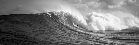 Framed Surfer in the sea in Black and White, Maui, Hawaii Print