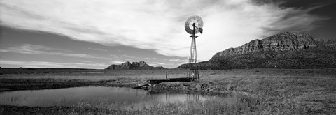Framed Solitary windmill near a pond in black and white, U.S. Route 89, Utah Print