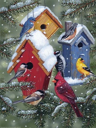 Framed Winter Birdhouses Print