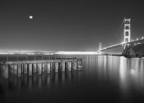 Framed Golden Gate Pier and Stars BW Print