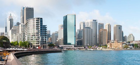 Framed Apartment buildings and skyscrapers at Circular Quay, Sydney, New South Wales, Australia 2012 Print