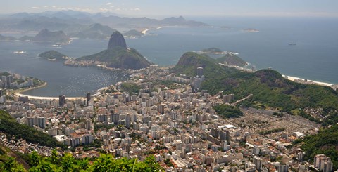 Framed Elevated view of Botafogo neighborhood and Sugarloaf Mountain from Corcovado, Rio De Janeiro, Brazil Print
