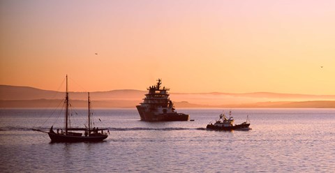 Framed Tugboat with a trawler and a tall ship in the Baie de Douarnenez at sunrise, Finistere, Brittany, France Print
