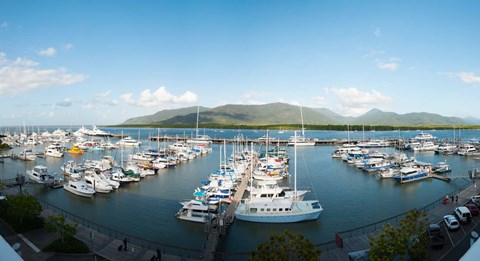 Framed Boats at a marina, Shangri-La Hotel, Cairns, Queensland, Australia Print
