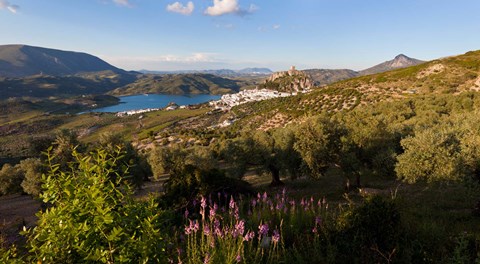 Framed High angle view of a town in distant, Zahara De La Sierra, Cadiz Province, Andalusia, Spain Print