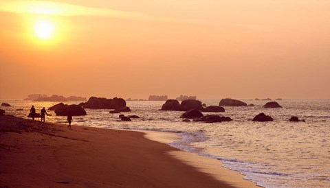 Framed Sunset over the beach, Brignogan-Plage, Finistere, Brittany, France Print