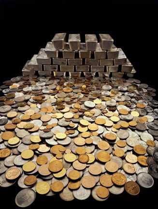 Framed Stack of sliver ingots and pile of coins Print