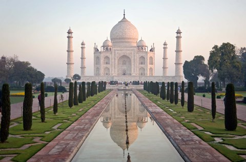 Framed Reflection of a mausoleum in water, Taj Mahal, Agra, Uttar Pradesh, India Print