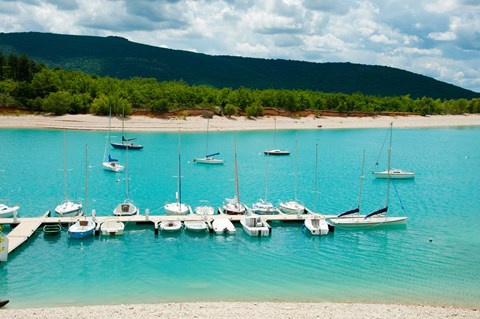 Framed Boats at a harbor, Port Margaridon, Lake of Sainte-Croix, Var, Provence-Alpes-Cote d&#39;Azur, France Print