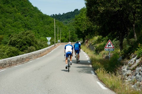 Framed Bicyclists on the road, Bonnieux, Vaucluse, Provence-Alpes-Cote d&#39;Azur, France Print