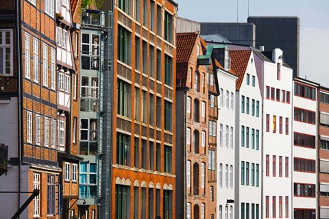 Framed Warehouses in a row, Nicolai Fleet Canal, Hamburg, Germany Print