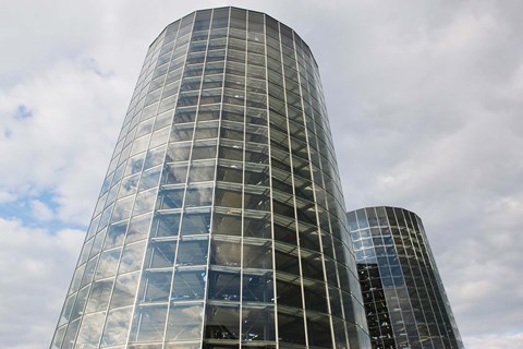 Framed Low angle view of VW Auto Towers, Autostadt, Wolfsburg, Lower Saxony, Germany Print