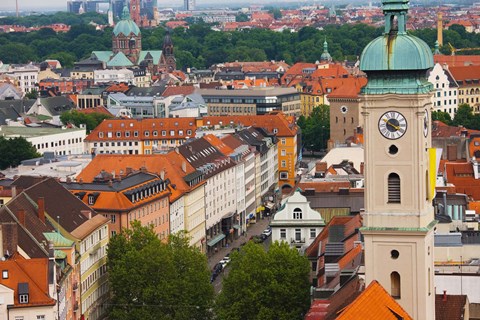 Framed High angle view of buildings with a church in a city, Heiliggeistkirche, Munich, Bavaria, Germany Print