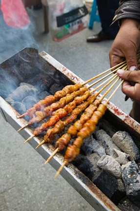 Framed Grilled meat snack stand in a street market, Pudong, Shanghai, China Print