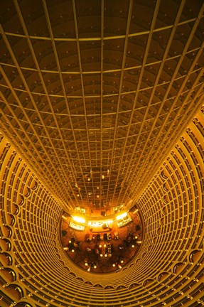 Framed Interiors of Jin Mao Tower looking down to the lobby of the Grand Hyatt hotel, Lujiazui, Pudong, Shanghai, China Print