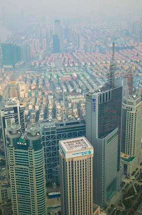Framed Aerial view of new Pudong district housing, Shanghai, China Print