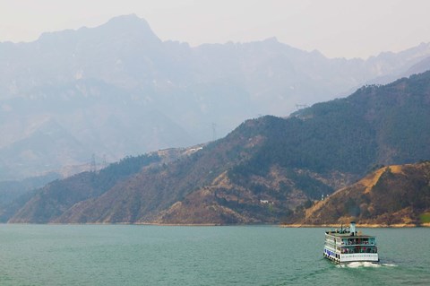 Framed Ferry in a river, Xiling Gorge, Yangtze River, Hubei Province, China Print