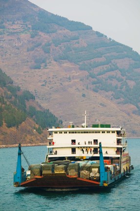 Framed Container ship in the river with mountains in the background, Yangtze River, Fengdu, Chongqing Province, China Print