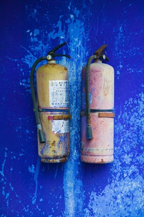 Framed Fire extinguishers on Blue Temple wall, Mingshan, Fengdu Ghost City, Fengdu, Yangtze River, Chongqing Province, China Print