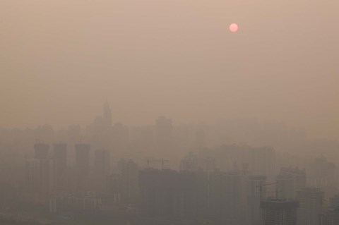 Framed Foggy city view from Yikeshu viewing platform at dusk, Chongqing, Yangtze River, Chongqing Province, China Print