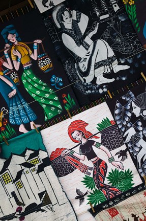 Framed Fabric items for sale at a market stall, Old Town, Dali, Yunnan Province, China Print