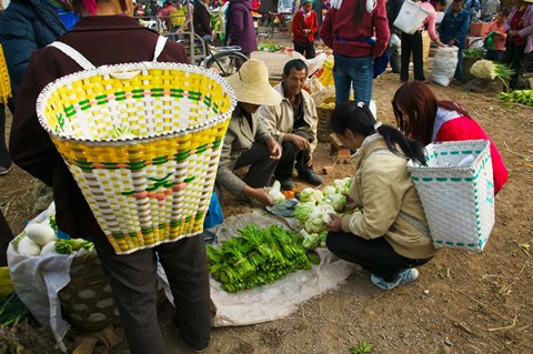 Framed People buying vegetables at a traditional town market, Xizhou, Erhai Hu Lake Area, Yunnan Province, China Print