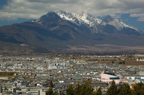 Framed High angle view of buildings in the new town towards Jade Dragon Snow Mountain, Lijiang, Yunnan Province, China Print