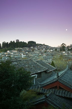 Framed High angle view of houses in the old town at dawn, Lijiang, Yunnan Province, China Print