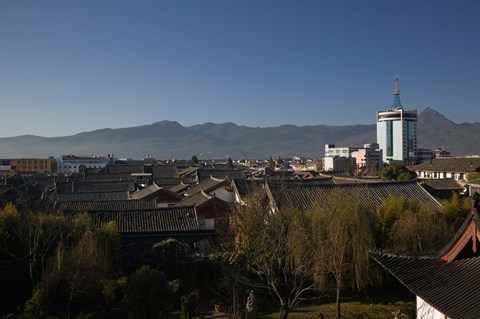 Framed High angle view of buildings in the new town viewed from Mu Family Mansion, Lijiang, Yunnan Province, China Print