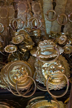 Framed Brass items for sale in a street market, Old Town, Lijiang, Yunnan Province, China Print