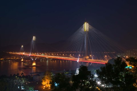 Framed Bridge lit up at night, Ting Kau Bridge, Rambler Channel, New Territories, Hong Kong Print