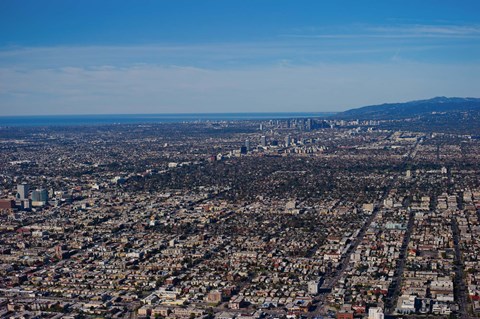 Framed Aerial view of Downtown Los Angeles, Los Angeles, California Print